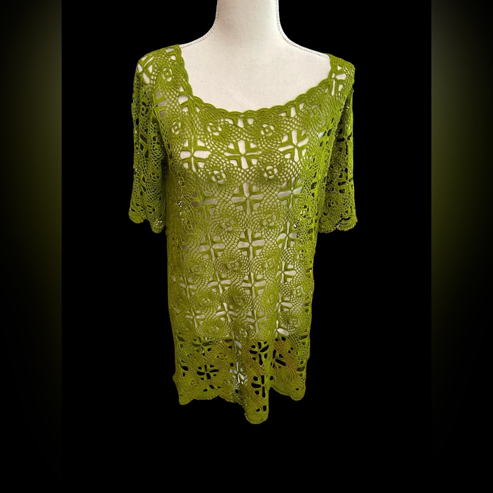 Unbranded green floral crochet tunic long top lace MEDIUM sheer short sleeve - Picture 5 of 13